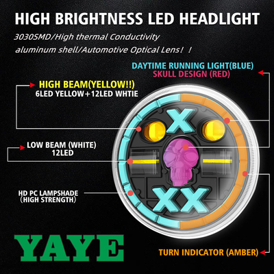 Yellow White LED Red Skull Motorcycle Headlight 3030SMD IP67 Waterproof
